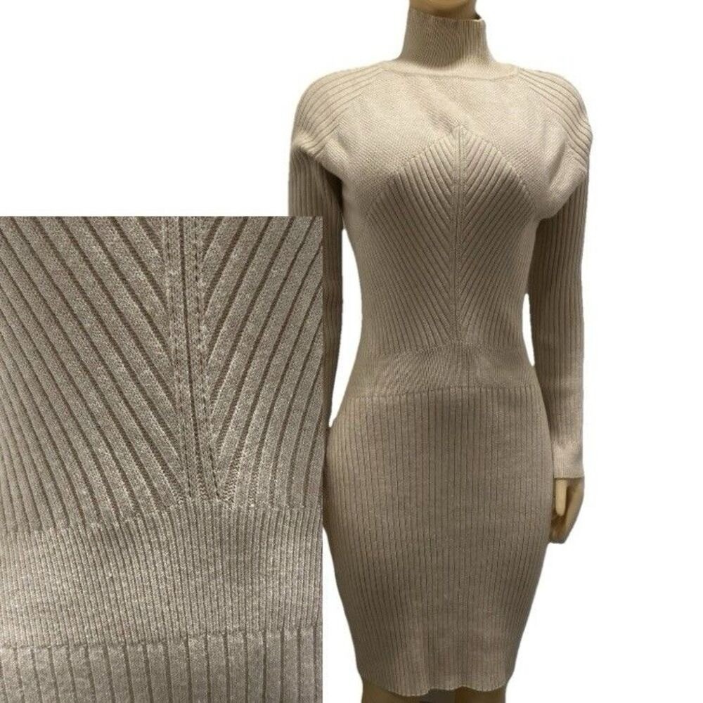 Capatee Ribbed Mock Turtleneck Long Sleeve Sweater Dress Tan‎ Beige Medium
